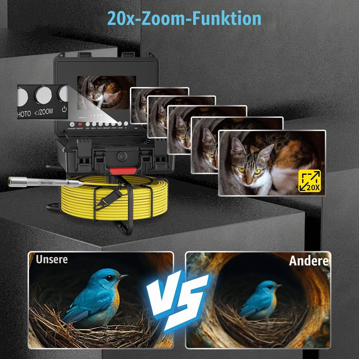 Rohrkamera 30M mit DVR, 7" IPS Monitor Endoskopkamera mit Licht Professionelle Wasserdichtes IP68 Kanalkamera mit 12 LED Licht, Inklusive 32GB TF-Karte