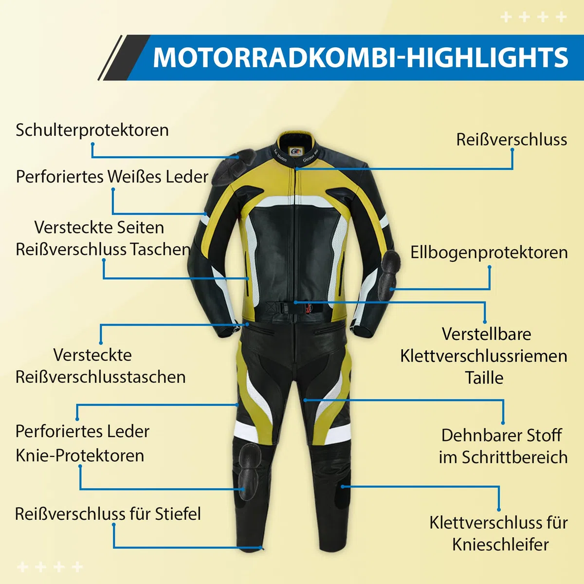 German Wear Motorradkombi Herren 2-teiler Biker Lederkombi aus Kalbsleder - mit alle Protektoren, abmehmbar & waschbar Thermofutter, Verstellbarer Taillengürtel und Reißverschluss-Taschen
