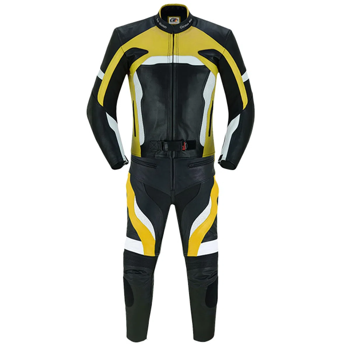 German Wear Motorradkombi Herren 2-teiler Biker Lederkombi aus Kalbsleder - mit alle Protektoren, abmehmbar & waschbar Thermofutter, Verstellbarer Taillengürtel und Reißverschluss-Taschen