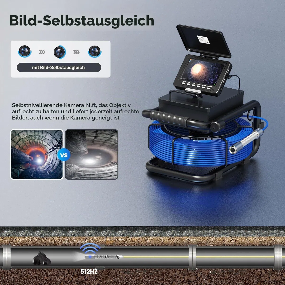 Professionelle Rohrkamera mit 512Hz Transmitter und Selbstnivellierender, Kanalkamera 5 Zoll Farbmonitor Kanal-Endoskopkamera mit DVR, IP68 Wasserdicht Industrie-Kanal Kamera