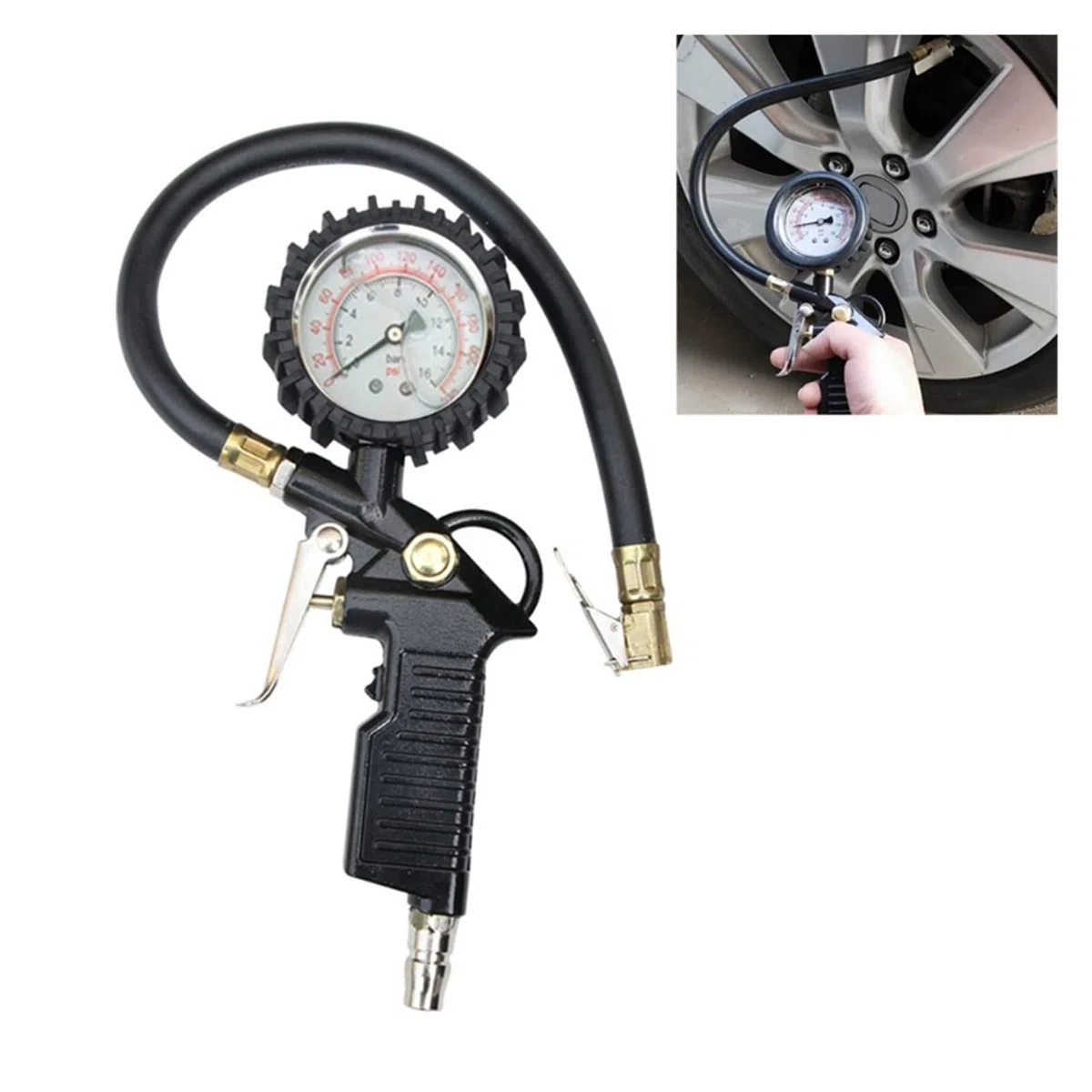 HMTE Auto Auto-Reifendruckmesser Reifenluftmesser Füllwerkzeug Autoreifenmesser 220PSl Selbstsichernder Abzugsgriff (Color : A) (A) (B)