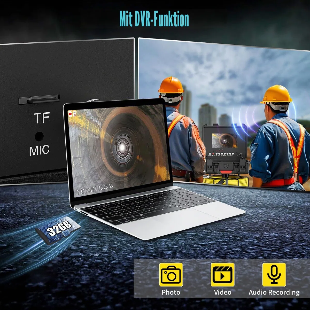 Rohrkamera 30M mit DVR, 7" IPS Monitor Endoskopkamera mit Licht Professionelle Wasserdichtes IP68 Kanalkamera mit 12 LED Licht, Inklusive 32GB TF-Karte