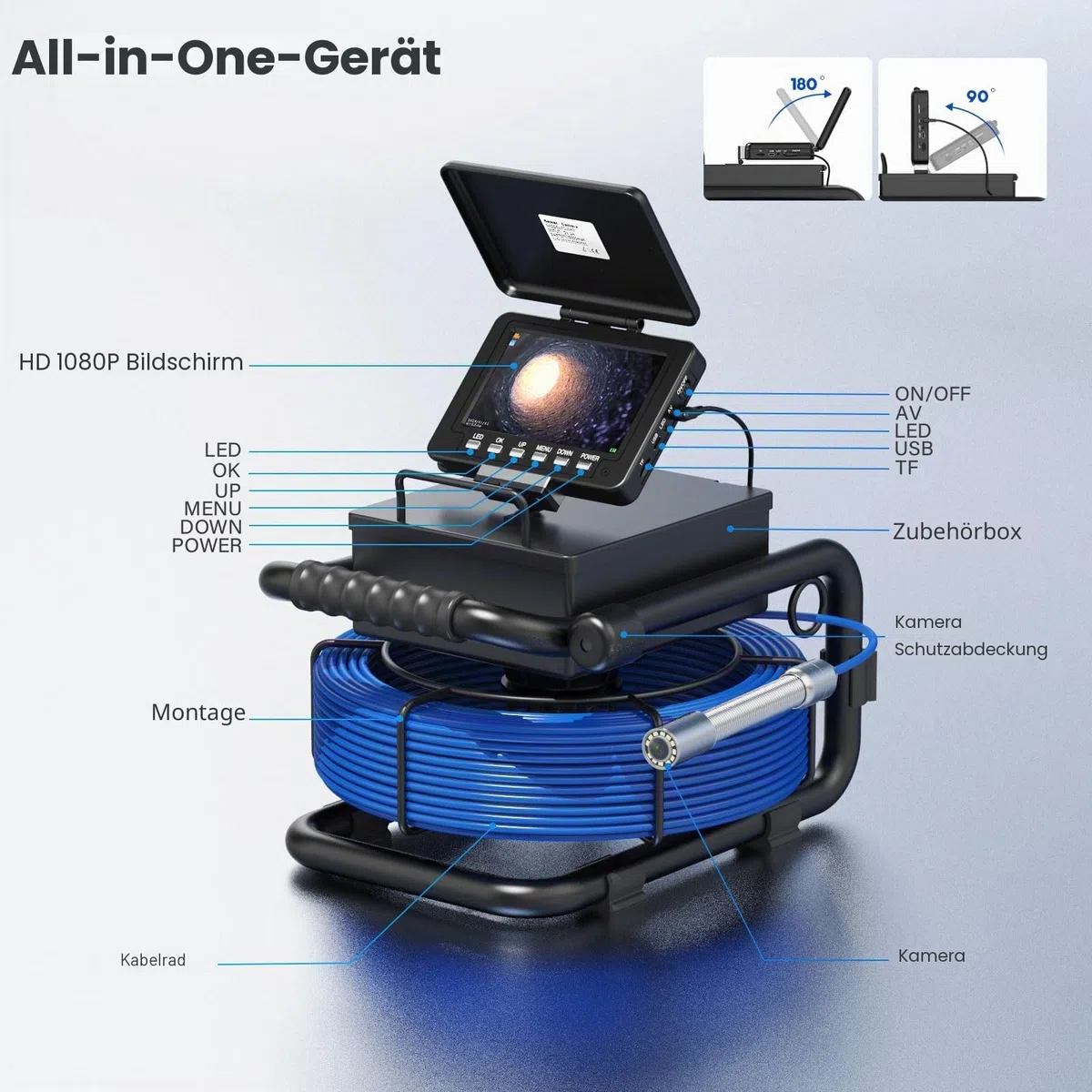 Professionelle Rohrkamera mit 512Hz Transmitter und Selbstnivellierender, Kanalkamera 5 Zoll Farbmonitor Kanal-Endoskopkamera mit DVR, IP68 Wasserdicht Industrie-Kanal Kamera