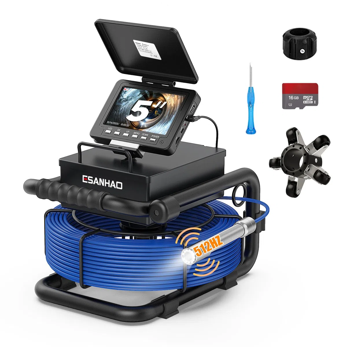 Professionelle Rohrkamera mit 512Hz Transmitter und Selbstnivellierender, Kanalkamera 5 Zoll Farbmonitor Kanal-Endoskopkamera mit DVR, IP68 Wasserdicht Industrie-Kanal Kamera