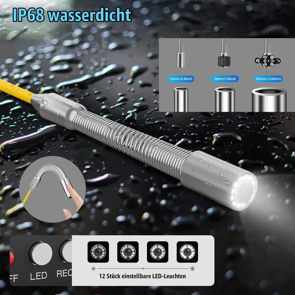 Rohrkamera 30M mit DVR, 7" IPS Monitor Endoskopkamera mit Licht Professionelle Wasserdichtes IP68 Kanalkamera mit 12 LED Licht, Inklusive 32GB TF-Karte