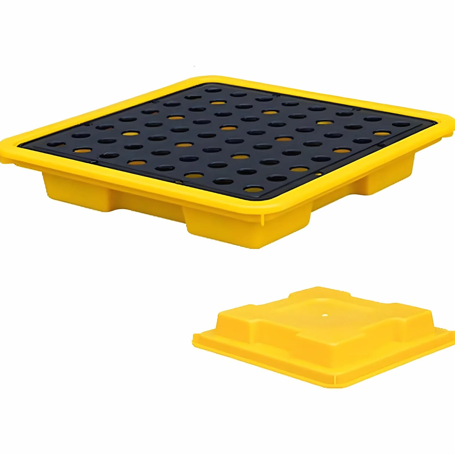 Modulare Plattform zur Leckagekontrolle mit Einer gitterverstärkten Auffangwanne und Einer 120x60x18 cm großen Ölauffangwanne zur sicheren Handhabung von industriellen Leckagen.
