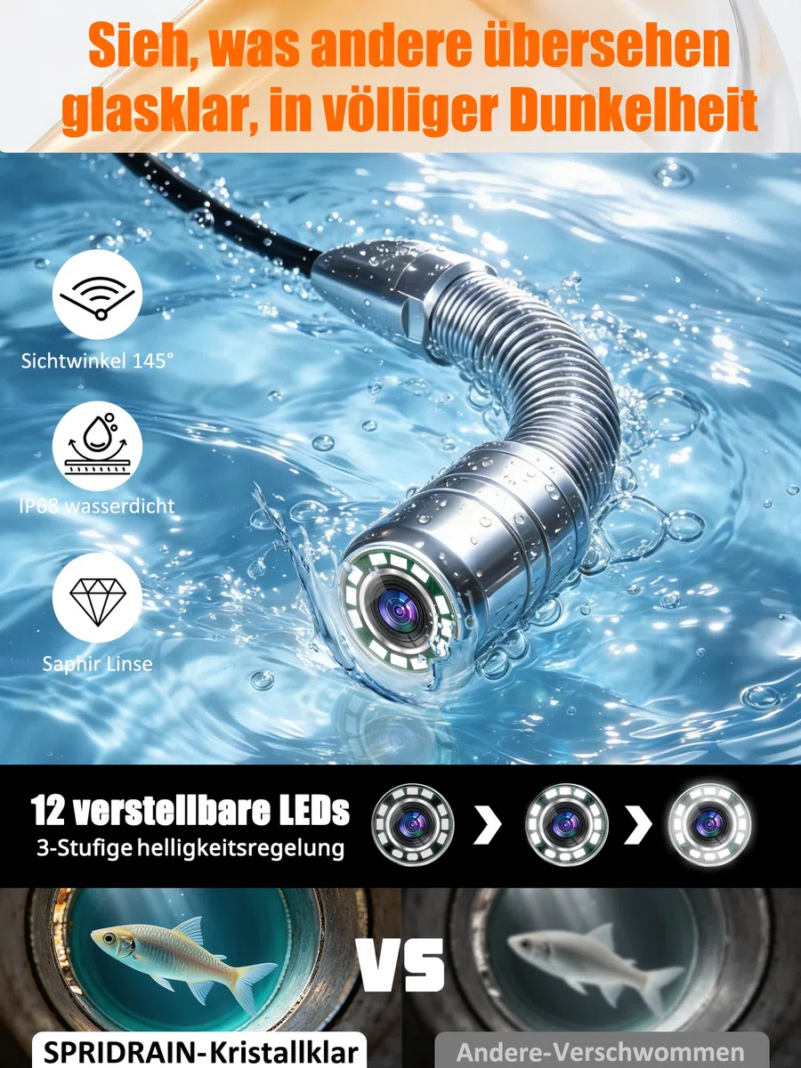 Endoskopkamera Kanalkamera 50M 23MM DVR rohrkamera Inspektionskamera